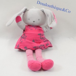 Conejo de peluche BERLINGOT vestido rosa y gris piernas a rayas 25 cm