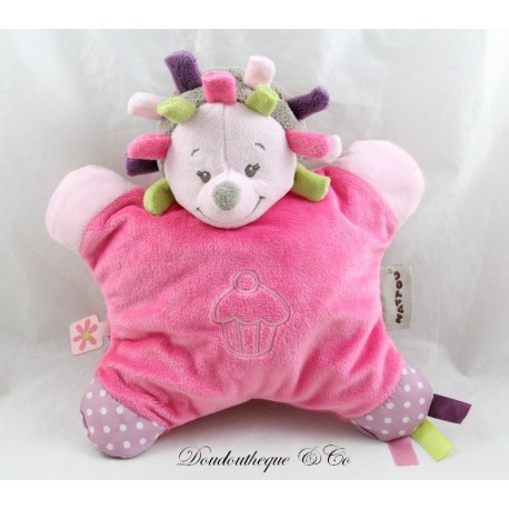 Semi flat cuddly toy hedgehog NATTOU Manon and Alizée pink cupcake bell 24 cm