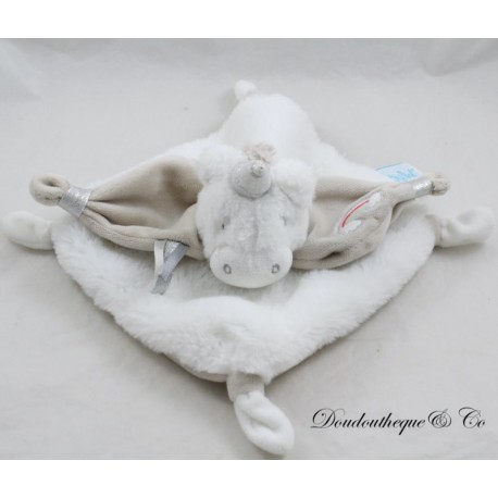 Doudou plat licorne BABY NAT' blanc beige