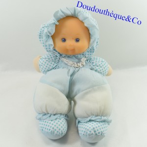 Doll cloth head silicone blue eyes fabrics blue polka dots vintage 38 cm
