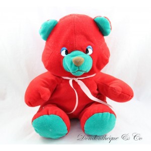 Peluche ours vintage rouge et vert assis yeux plastiques 28 cm