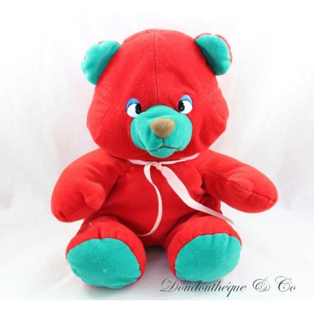 Plush bear vintage red and green sitting plastic eyes 28 cm