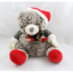 Peluche ours Noël chiné marron blanc bonnet écharpe gants rouge doré 20 cm
