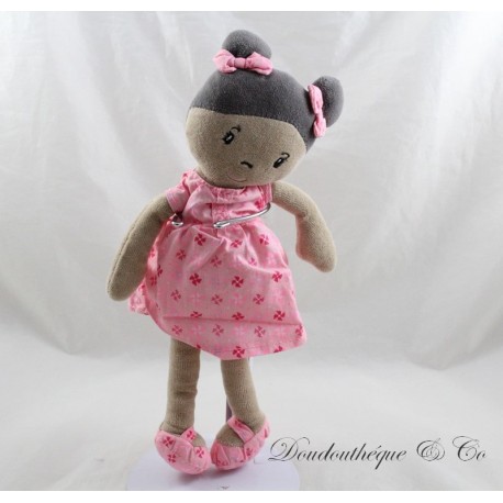Doudou poupée OBAIBI fille métisse poupée chiffon robe rose brune 30 cm