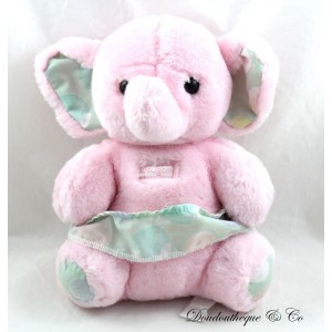 Peluche elefante BOULGOM rosa e verde vintage vecchio 20 cm seduto