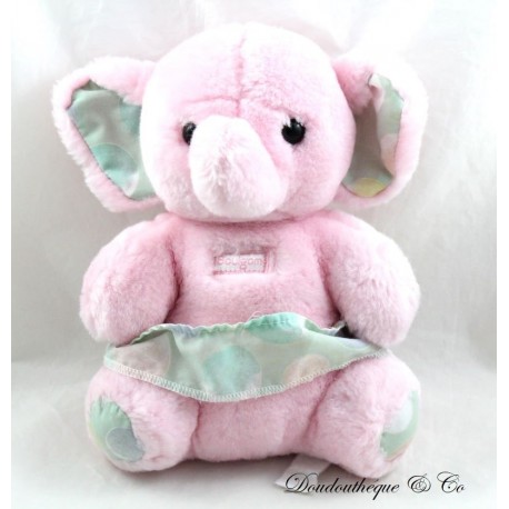Plush elephant BOULGOM pink and green vintage old 20 cm seated