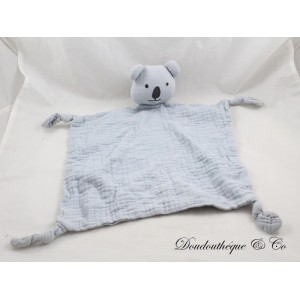 Doudou flacher Koala VERTBAUDET blau quadratisch 4 Ecken geknotet 36 cm