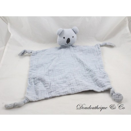 Doudou flacher Koala VERTBAUDET blau quadratisch 4 Ecken geknotet 36 cm