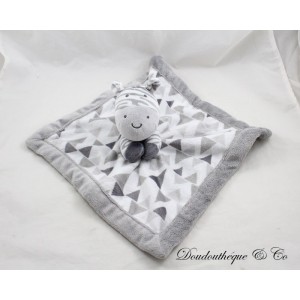 Doudou plat lapin LULLABY rayé gris blanc triangles grelot 29 cm