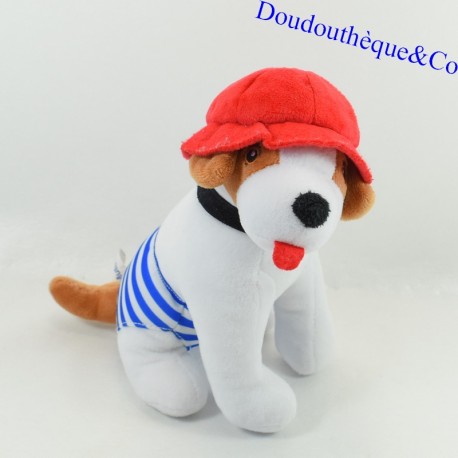 Plush dog CREDIT MUTUEL blue striped shorts and red cap 20 cm