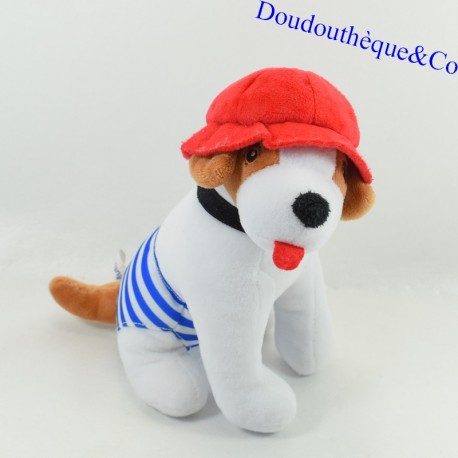 Plüschhund CREDIT MUTUEL blau gestreifte Shorts und rote Mütze 20 cm