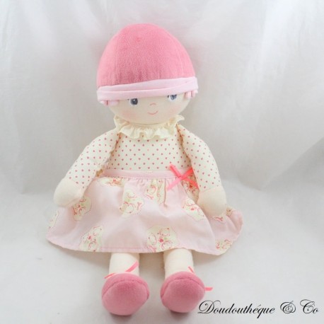 Doll rag COROLLA pink ecru hearts cap pink velvet fabrics 38 cm