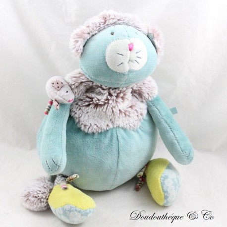 Peluche Minoucha chat MOULIN ROTY Les Pachats bleu vert marron souris 28 cm