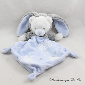 Doudou plat ours MOTS D'ENFANTS déguisé en lapin losange bleu gris nuages Neuf