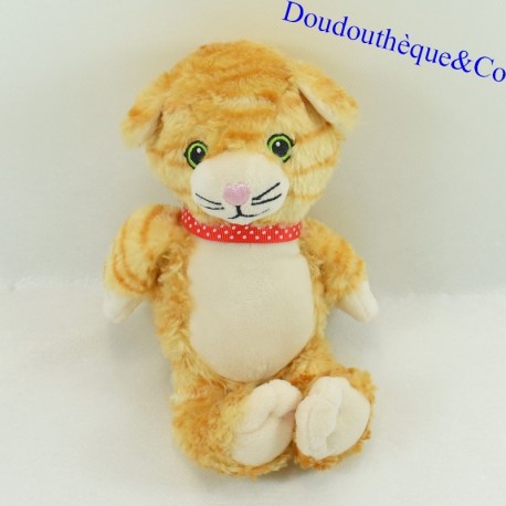 Peluche chat FERRERO KINDER roux blanc ruban rouge pois blanc 20 cm