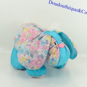 Peluche chien tissu et toile de parachute vintage bleu fleuri 20 cm