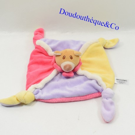 Flat cuddly toy bear DBD SHOP squares yellow, red, purple 4 knots 18 cm