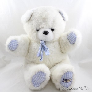 Peluche ours AJENA blanc bleu vintage carreaux rayés 41 cm