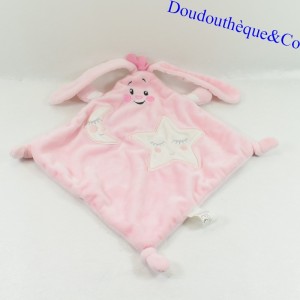 Doudou conejo plano AUCHAN diamante blanco rosa estrella y luna 30 cm
