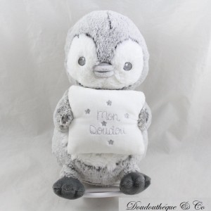 Musical plush penguin TEX BABY My blanket gray white mottled Carrefour 23 cm