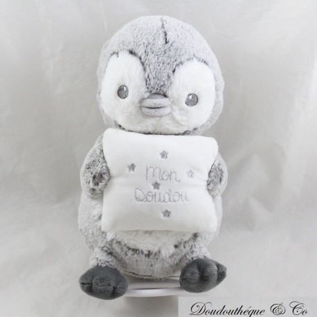 Pinguino di peluche musicale TEX BABY La mia coperta grigio bianco screziato Carrefour 23 cm
