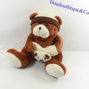 Peluche ours FIZZY Teddynours marron bonnet et manchon beige 37 cm