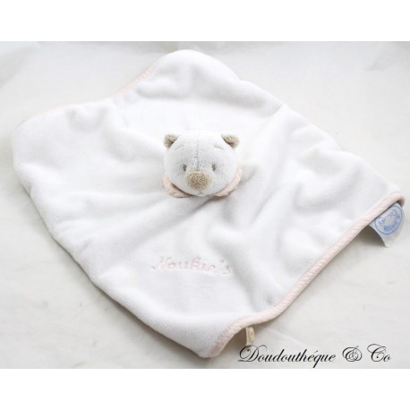 Doudou plat ours NOUKIE'S Tonton Nouky blanc rose 28 cm