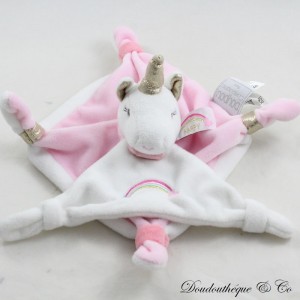 Doudou plat licorne DOUDOU ET COMPAGNIE arc-en-ciel rose blanc DC3312