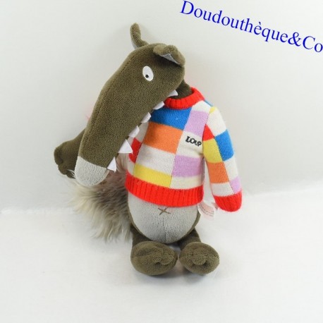 Peluche le loup AUZOU Loup marron et gris pull multicolore 27 cm