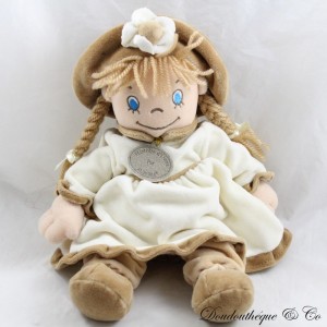 Muñeca de peluche niña BEAR STORY by Aurora marrón beige dos trenzas vintage 27 cm