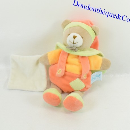 Plush bear handkerchief BABY NAT' The mem pacap Pantins BN732 orange yellow green 25 cm