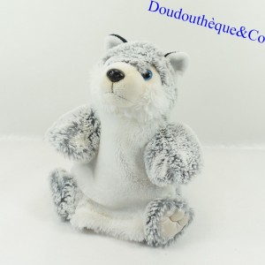 Doudou marionnette husky DANI blanc gris poil long 23 cm