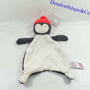 Doudou plat pingouin PRIMARK EARLY DAYS gris et blanc bonnet rouge 32 cm