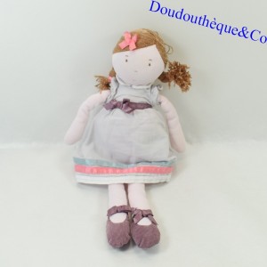 Bambola rag JACADI capelli castano vestito rosa 34 cm
