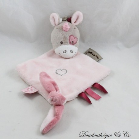 Doudou plat licorne NATTOU Nina Jade et Lili rose marron losange 30 cm