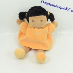 Puppe Kuscheltier Mädchen braun Teddybär orange Kleid 22 cm
