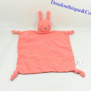 Doudou flaches Kaninchen VERTBAUDET rosa quadratisch lange 4 geknotete Ecken 36 cm