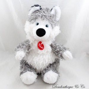 Peluche chien Husky TRUDI gris blanc poils longs collier rond rouge 28 cm