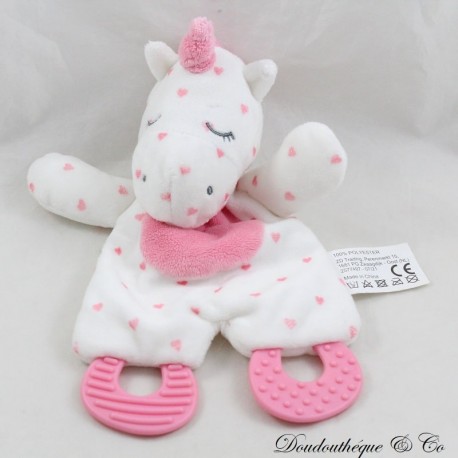 Doudou plat licorne ZDT ACTION anneau dentition blanc rose 23 cm