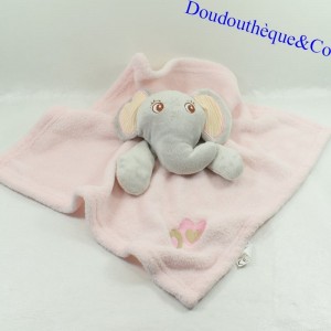 Doudou plat éléphant TOM & KIDDY rose carré broderie coeur 38 cm