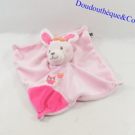 Doudou plat lapin TEX BABY Carrefour rose hibou 20 cm