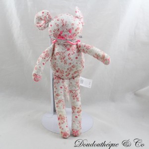 Doudou mouse SMALL BOAT printed floral neck pink fluorescent fabrics 28 cm