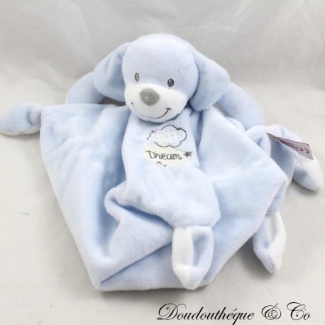 Doudou flacher Hund CHEEKBONE blau Sweatshirt Traumecken geknotete Wolken 24 cm Doudou flacher Hund CHEEKBONE blau Sweatshirt Traumecken geknotete Wolken 24 cm