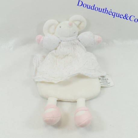 Doudou mouse MEIYA & ALVIN white dress embossed fabric 25 cm