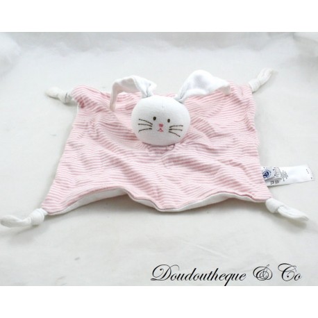 Doudou flat rabbit SMALL BOAT striped pink white 4 corners knotted fabrics 22 cm
