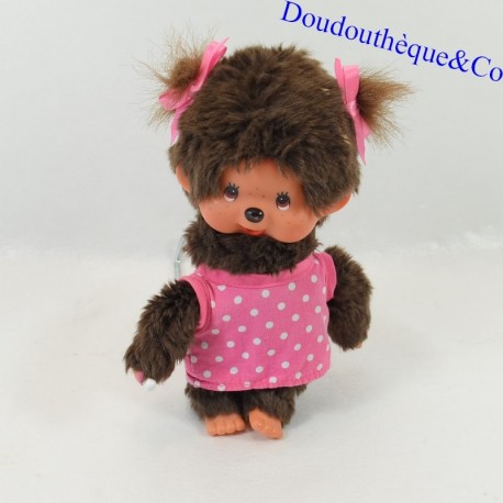 Peluche Kiki fille SEKIGUCHI Monchhichi robe rose à pois couettes 2