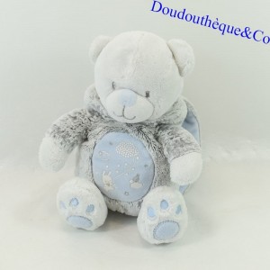 Plüschbär MOTS D'ENFANTS verkleidet als Hasenkugel blaugraue Wolken Sterne Leclerc 26 cm