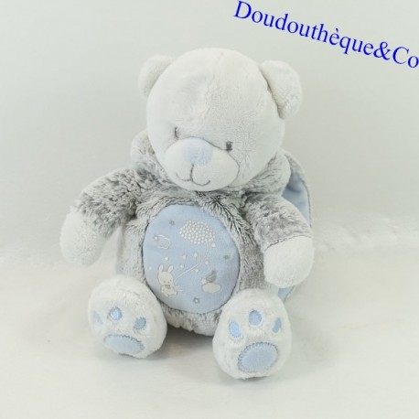 Peluche ours MOTS D'ENFANTS déguisé en lapin boule bleu gris nuages étoiles Leclerc 26 cm