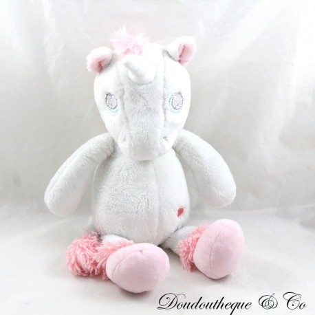 Peluche licorne TEX BABY blanc rose broderie coeur 29 cm