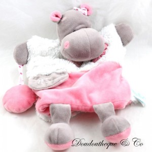 Doudou marionnette Zoé hippopotame BABY NAT' Les Douillettes lettre T marron et rose BN099 29 cm